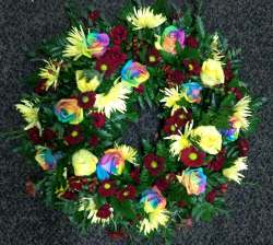 Rainbow rose wreath Rainbow Funeral 80.00 GBP plus delivery